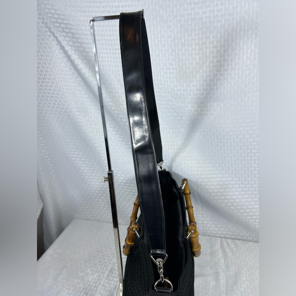 3180: Gucci Bamboo Handle Shoulder Tote Black Woven Nylon Vintage - Picture 8 of 11